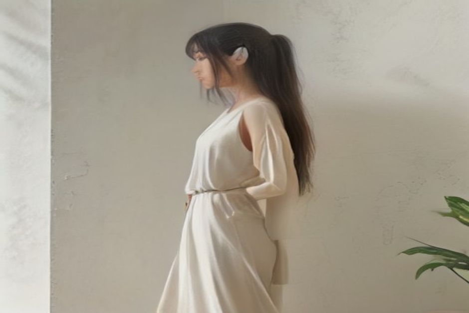 Side view of a person standing tall against a plain wall in soft daylight, showing natural posture