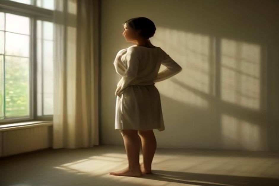 A person standing calmly in tree pose near a window with soft morning light, minimalist room, earth tones