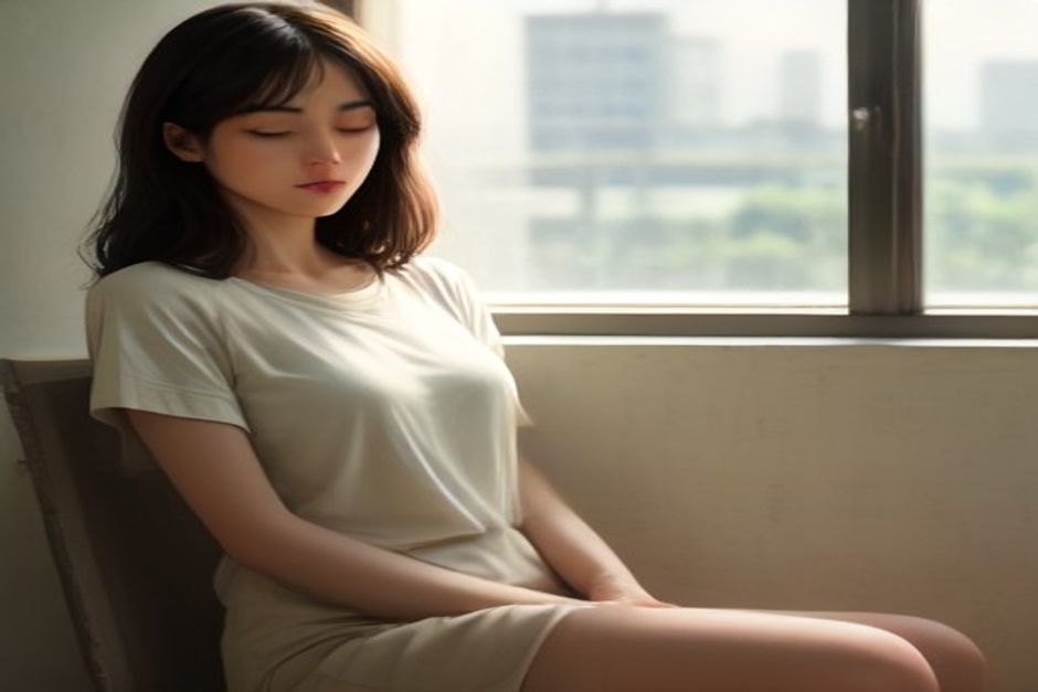 Person sitting cross-legged with one hand on the belly and one on the chest, eyes closed, soft daylight