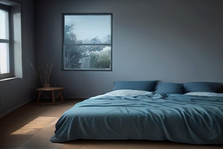 A calm dim bedroom at dusk with soft bedding and a window showing deep blue evening light