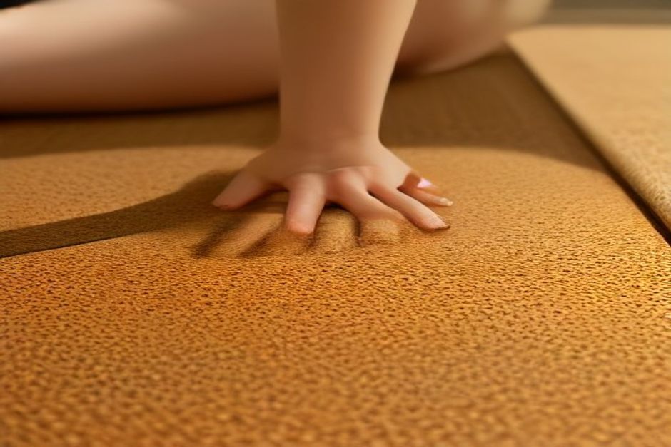 Close-up of forearms and hands in a plank position on a cork yoga mat, soft natural side light, earth tones