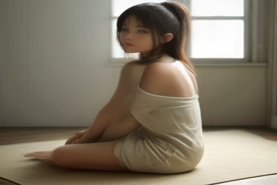 Person in a long-held seated forward fold on a mat, calm and still, warm neutral tones