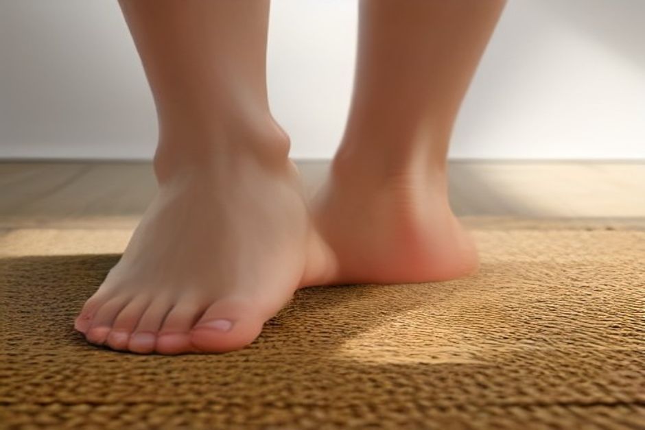 Close-up of bare feet standing on a cork yoga mat in natural light, showing the inner arches