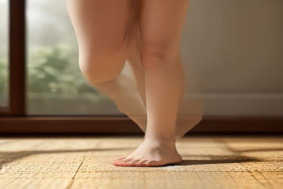 A bare foot standing on a cork yoga block, showing a low arch, in soft natural window light
