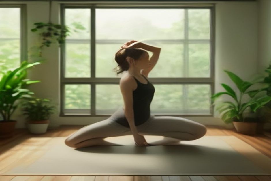 A person holding bridge pose on a mat in a bright, calm room with plants and natural window light