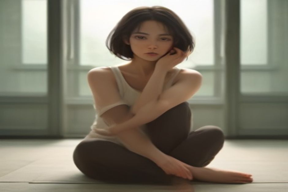 A person in a seated forward fold with a strap around the feet and knees softly bent, calm natural light, earth tones