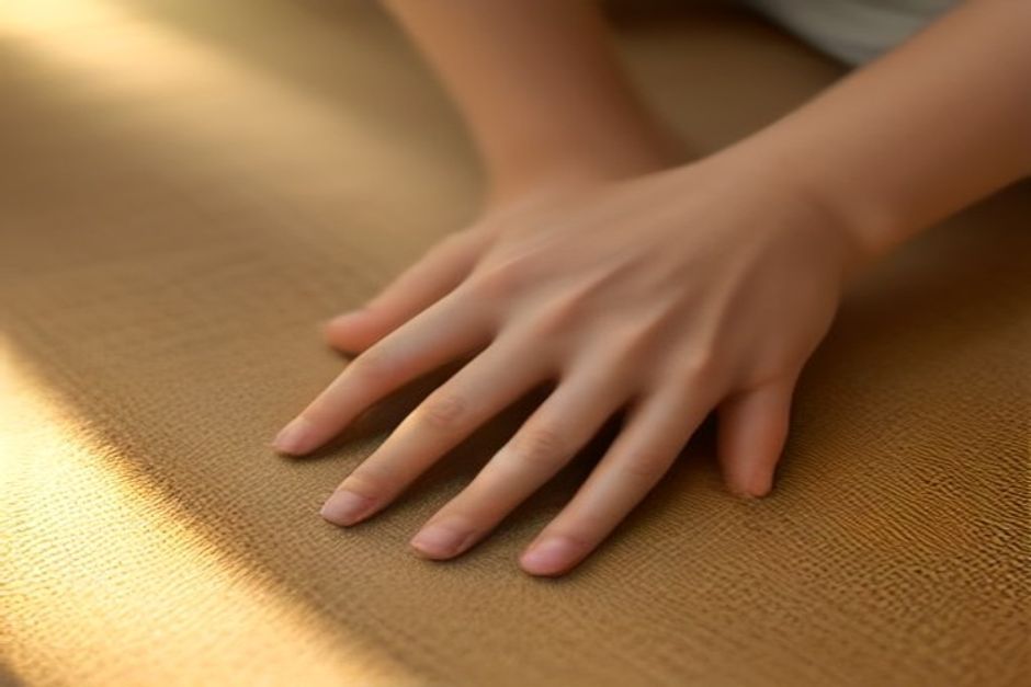 Close-up of hands pressing into a yoga mat with fingers spread wide