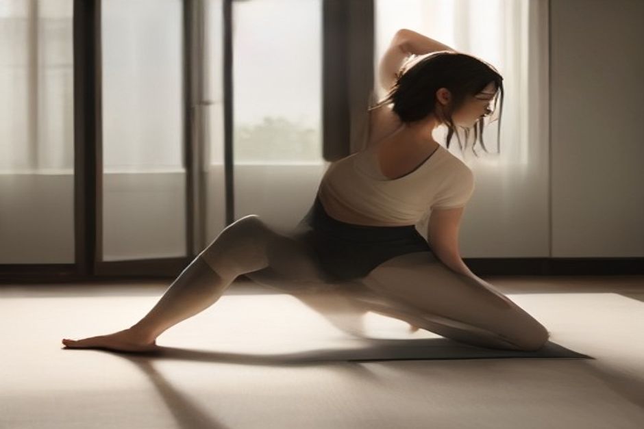 Person in a low lunge on a wooden floor, back knee on a folded blanket, soft natural window light