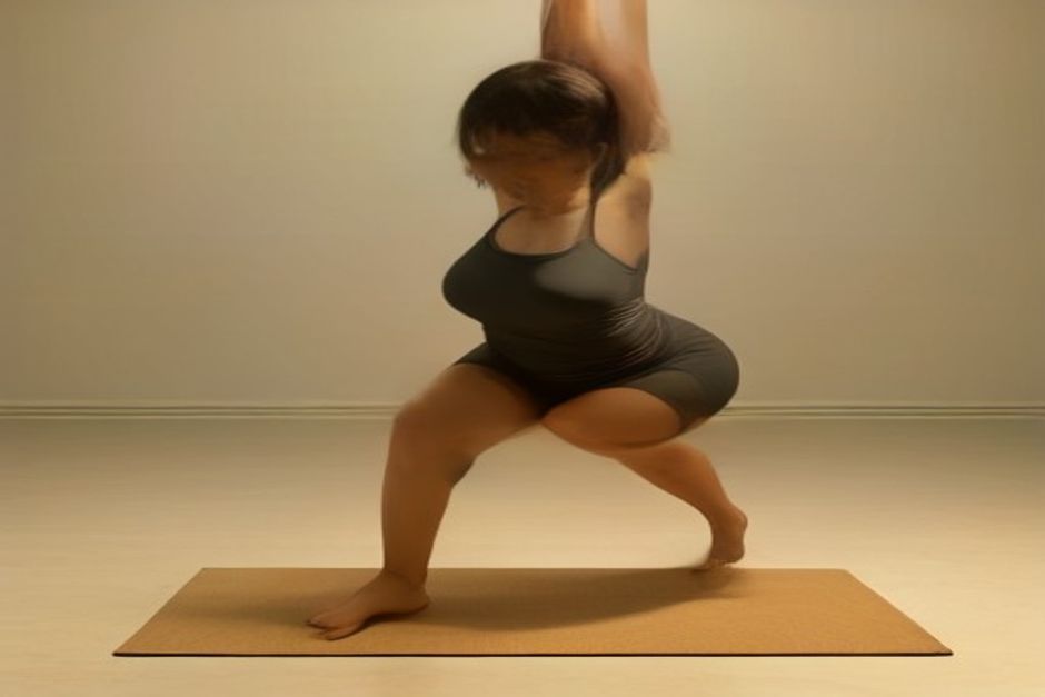 A person in a low lunge with hands on hips demonstrating hip alignment, warm earth tones, natural light
