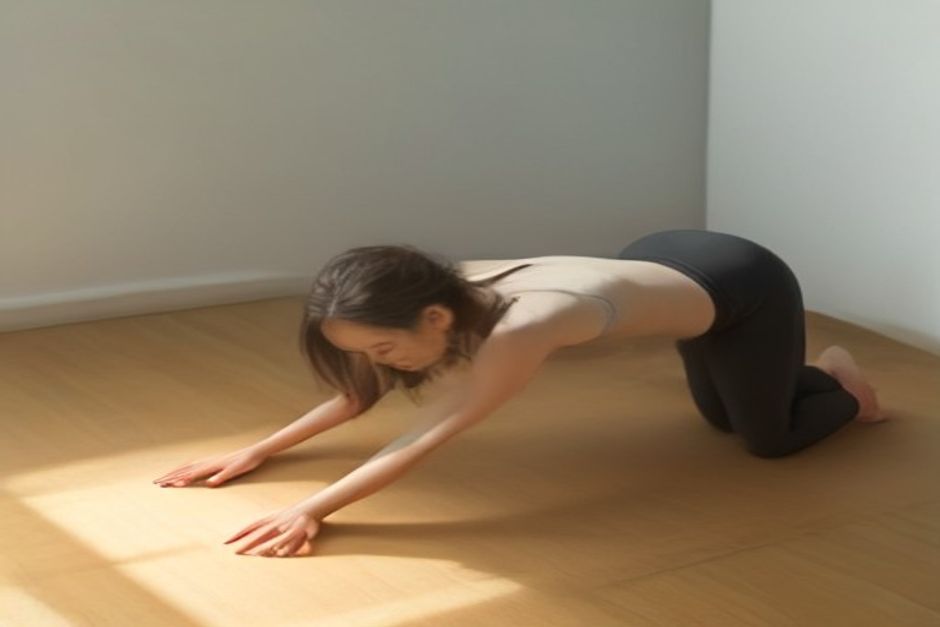 A person holding a stable plank pose on a cork mat, engaged and aligned, soft natural light