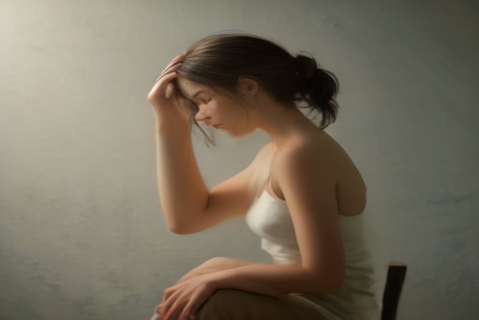 Side profile of a person sitting tall, hand gently guiding the head into a slow neck stretch, soft natural light