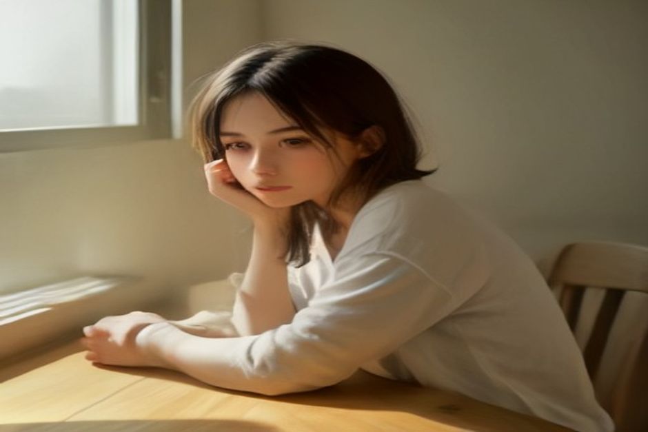 A person sitting by a window rolling their shoulders back, phone face-down on the table, soft natural light