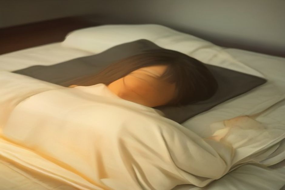 Person resting in savasana on a mat with a folded blanket over the eyes, dim warm light