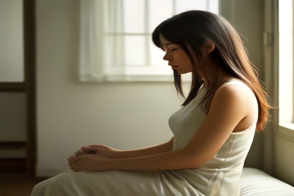 A calm anatomical-style still life of a seated meditation posture shown from the side, soft neutral tones, natural light