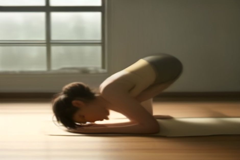 Person holding downward-facing dog on a cork mat, shoulders engaged, soft morning light