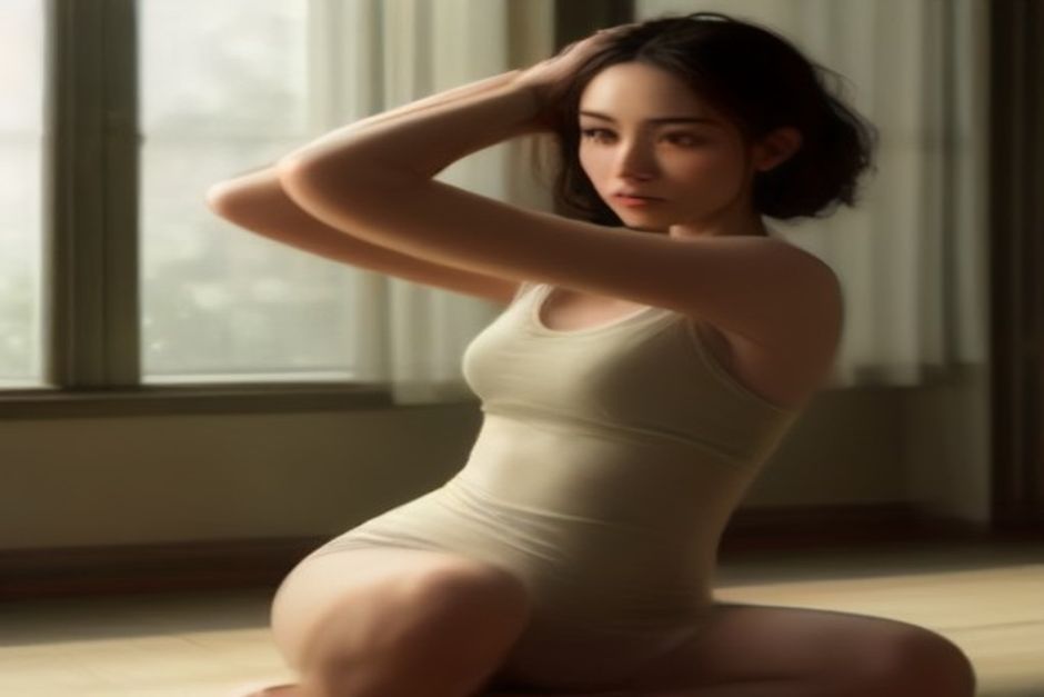Person seated with one arm in a gentle external rotation stretch using a strap, calm studio light, earth tones