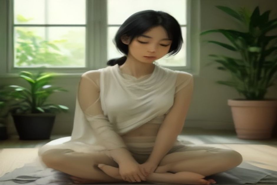 Close-up of a yoga student in a gentle seated twist with a folded blanket under one hip, soft studio light