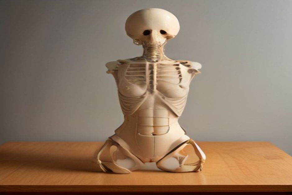 Anatomical model of the human pelvis and lower spine showing the sacrum, warm natural light on a wooden desk