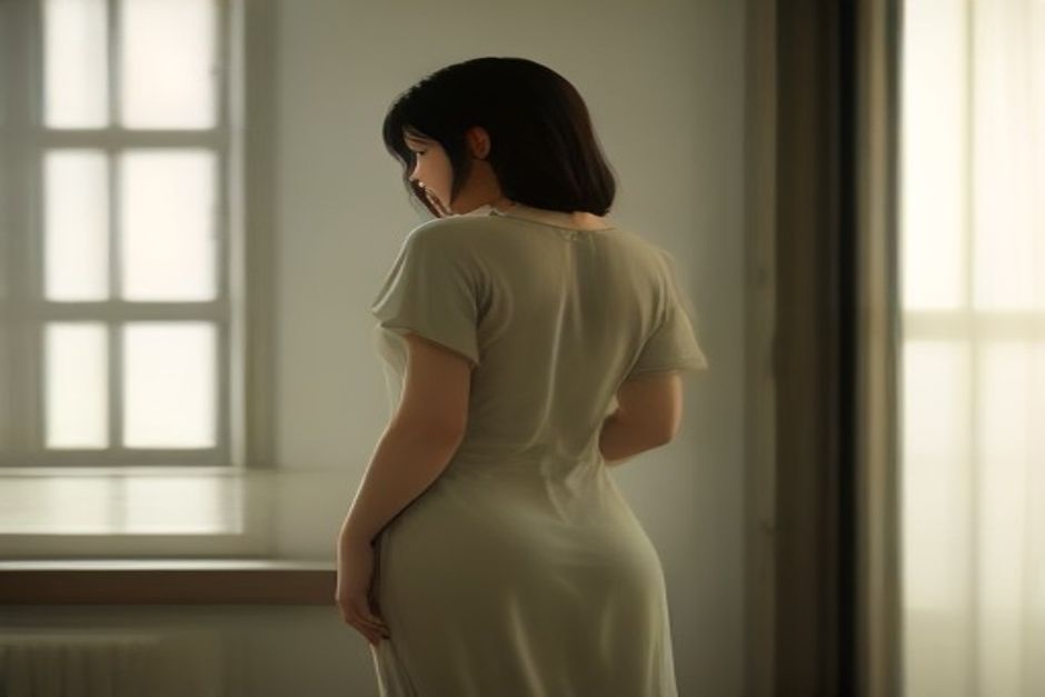 Person seen from behind in a gentle standing side stretch, soft window light, calm minimalist studio