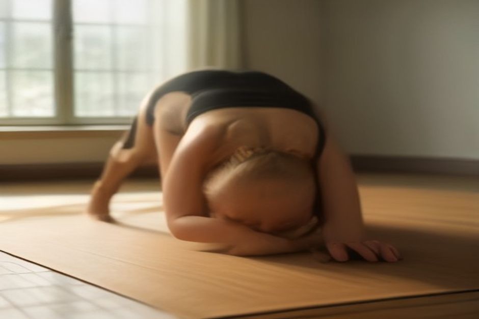 A person in downward-facing dog showing engaged shoulders and long arms, warm studio light, earth tones