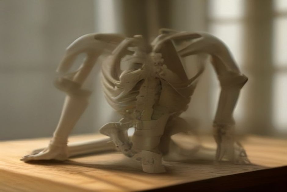 A skeleton model of the pelvis and lower spine resting on a wooden table in soft natural light