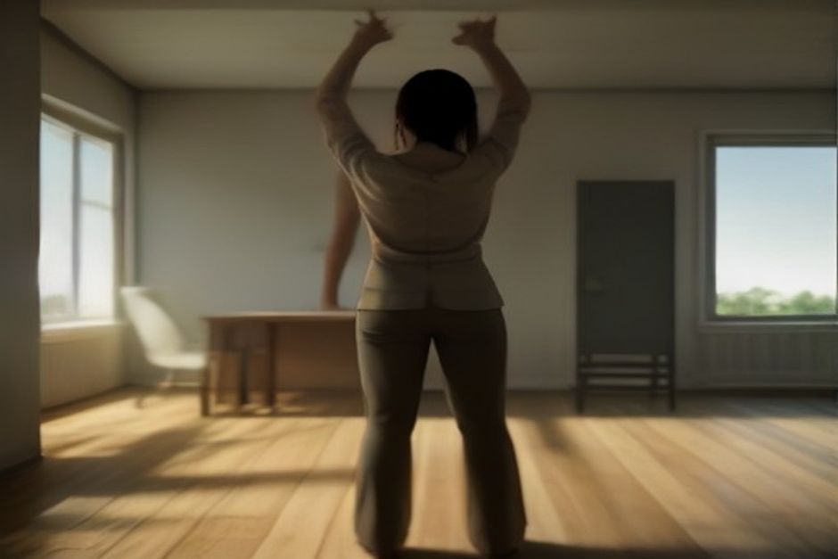 A person standing up from an office chair to stretch, hands on lower back, beside a desk in soft daylight