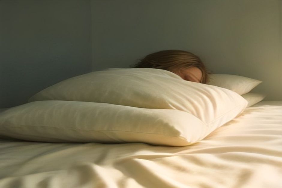 A person sleeping on their side on a bed with a pillow between the knees, soft morning light, earth-toned bedding
