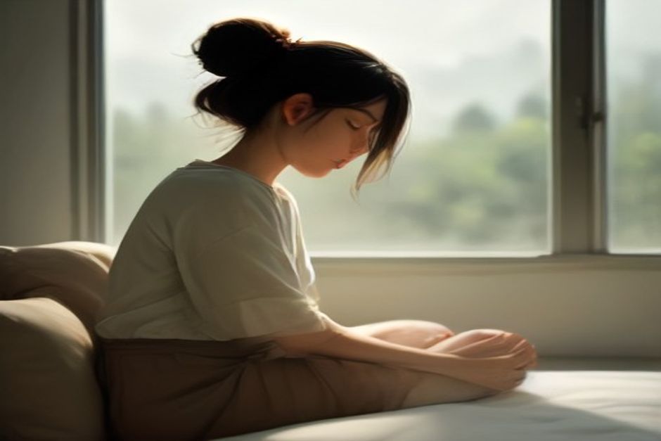 Side view of a person sitting tall in meditation posture showing the natural S-curve of the spine, soft window light