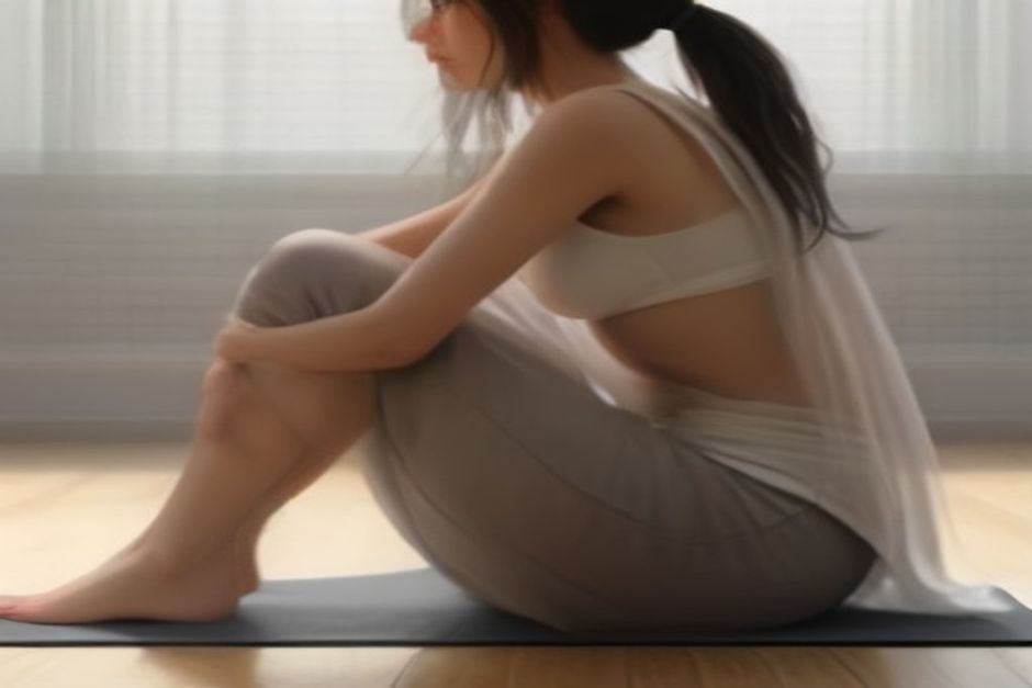 A person in pigeon pose with a folded blanket under one hip, side view showing the outer thigh, warm studio light