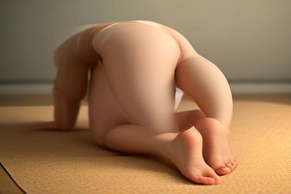 Close view of bare feet and calves in downward-facing dog on a cork mat, heels lifted, warm side light