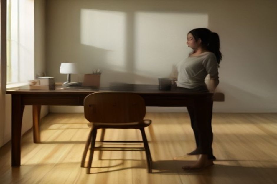 A person standing up from a wooden desk chair to stretch, warm earth tones, soft natural window light