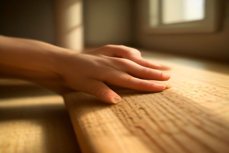 Close-up of hands pressing into a cork yoga mat with fingers spread, warm natural light