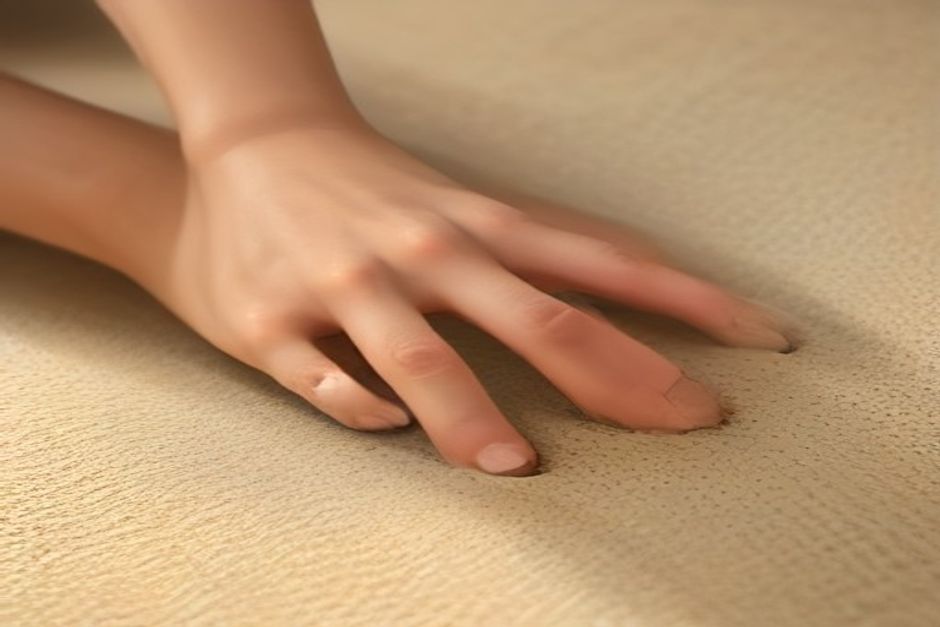 Close-up of hands pressed flat on a yoga mat with fingers spread wide, warm natural light