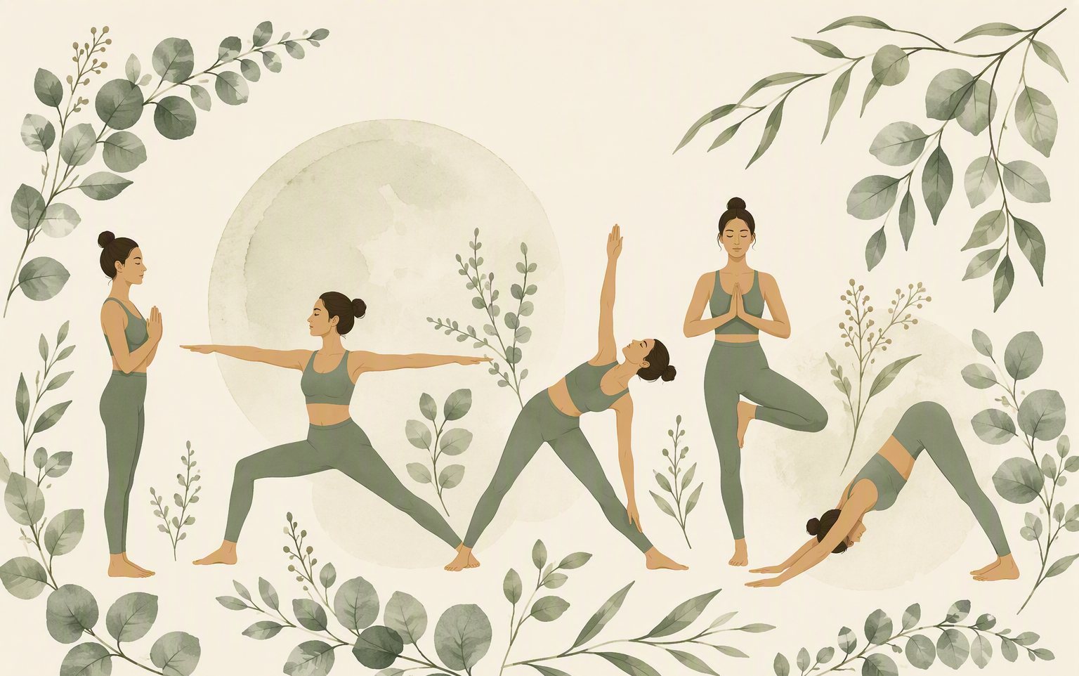 Foundational yoga poses illustrated among eucalyptus branches