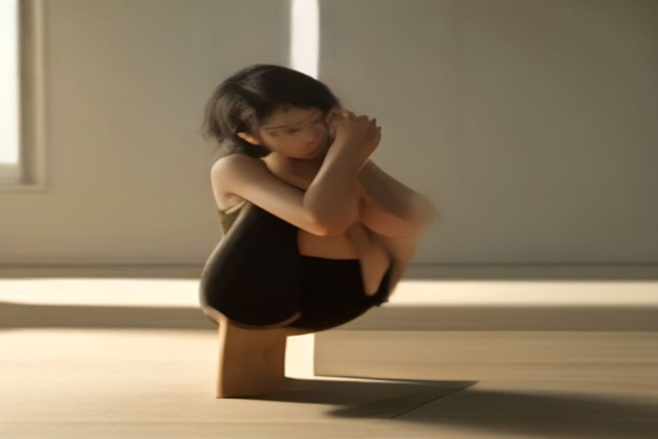 A person in a standing forward fold with bent knees, hands resting on yoga blocks