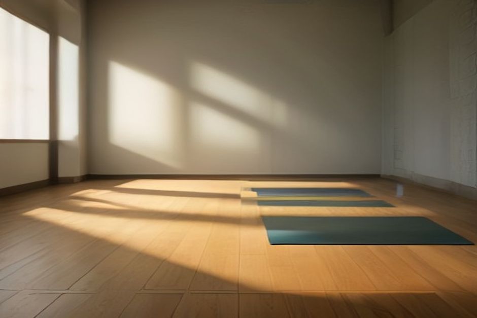 Rows of yoga mats laid out in a calm, sunlit studio before class begins