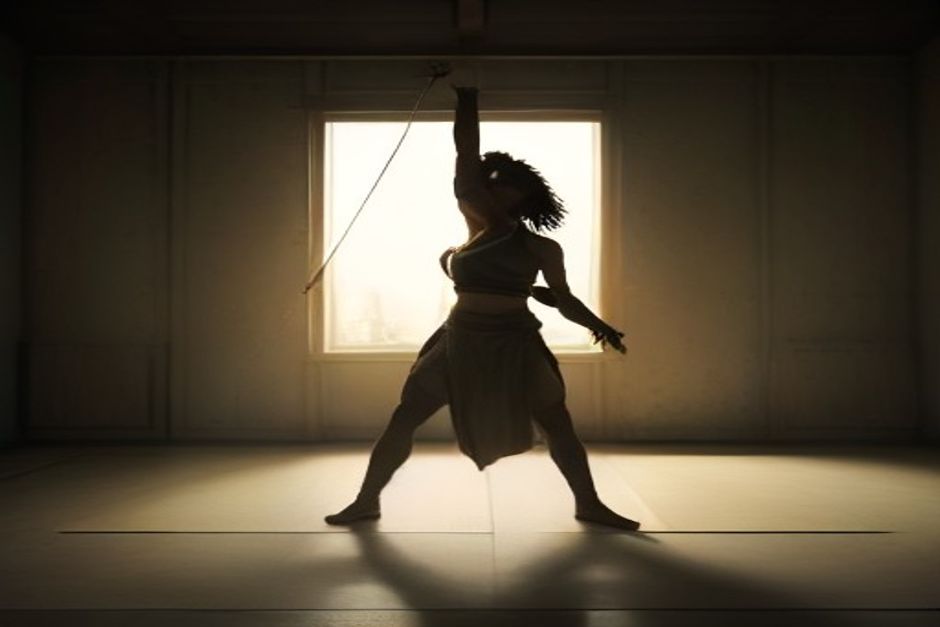 A person holding warrior two on a mat in a quiet room, steady and relaxed, warm natural light