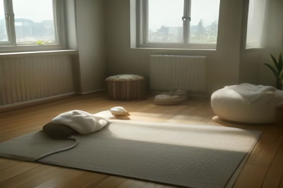 A rolled-out yoga mat in a quiet living room with wireless headphones resting on a folded blanket, soft window light, no people