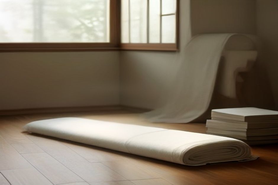 A home yoga setup with a rolled mat, a stack of hardcover books, a cotton belt, and a folded wool blanket on a wooden floor in soft natural light