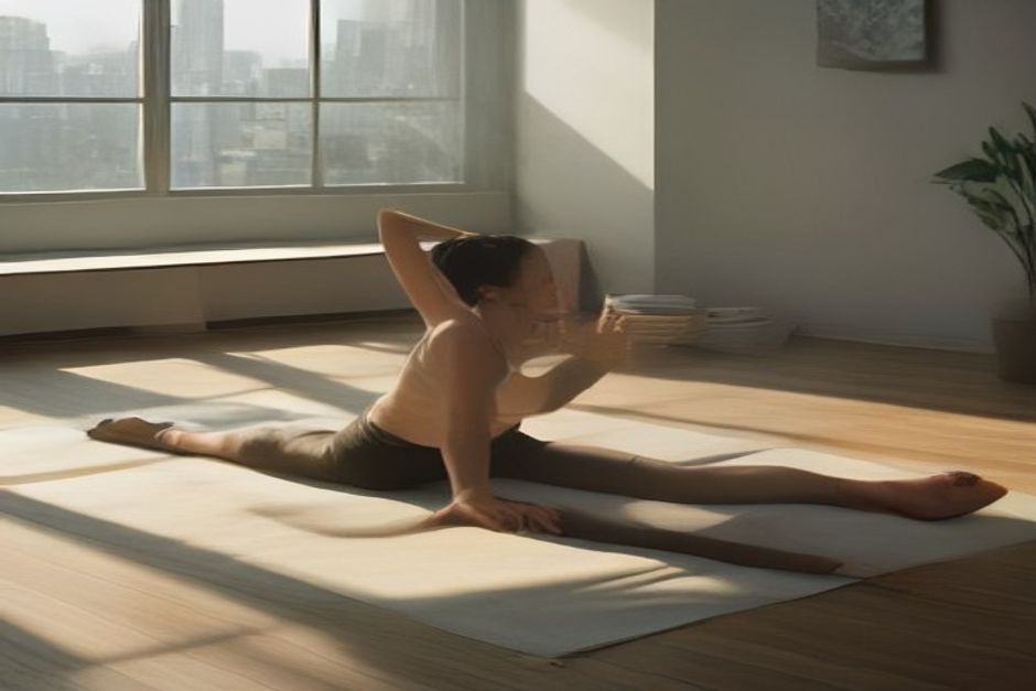 A person stretching gently on a yoga mat beside a window with morning light, a glass of water and a folded blanket nearby