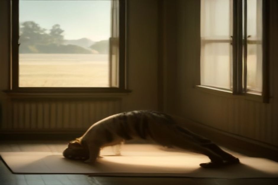 A person doing a gentle cat-cow stretch on a mat beside a bed in early morning light