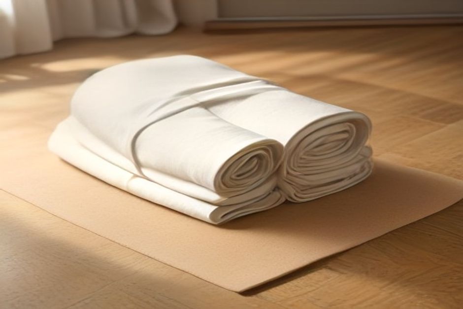 A neatly folded stack of simple cotton t-shirts and leggings in earth tones beside a rolled yoga mat in natural light