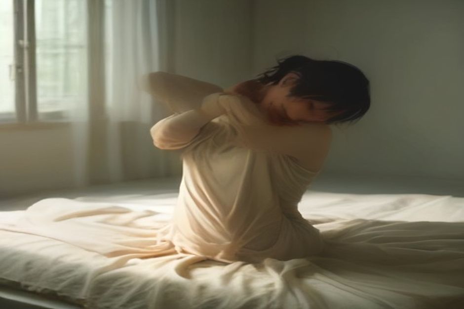Person doing a gentle supported yoga pose with a bolster and folded blanket at home in soft light
