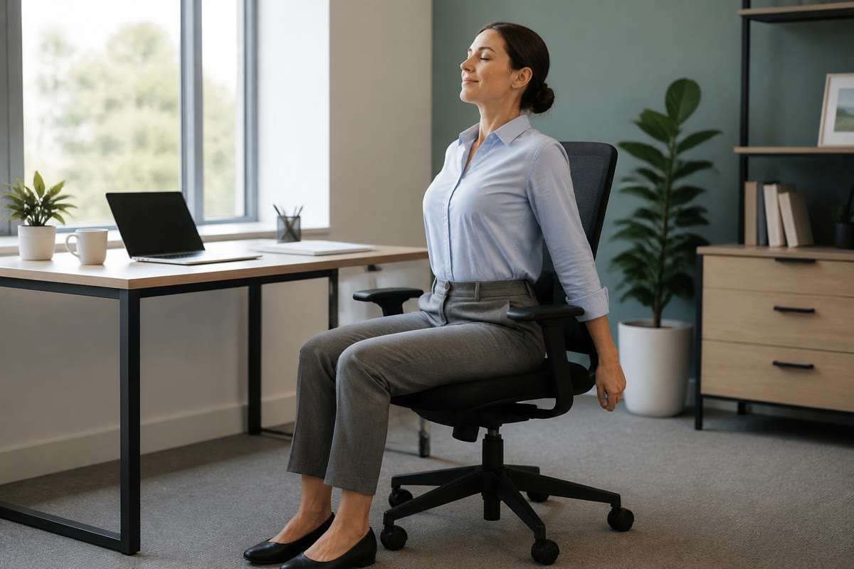 A person in office clothes sitting tall at a desk chair, hands on the desk edge, stretching the chest, bright natural office light
