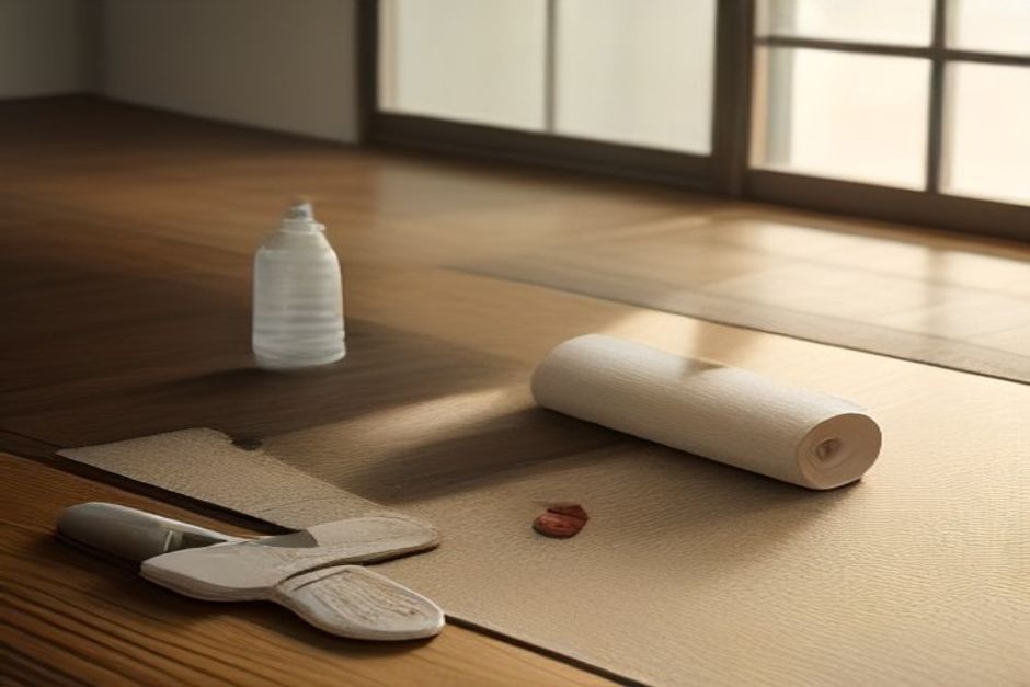 A pair of running shoes beside a rolled yoga mat and a water bottle on a wooden bench in warm morning light