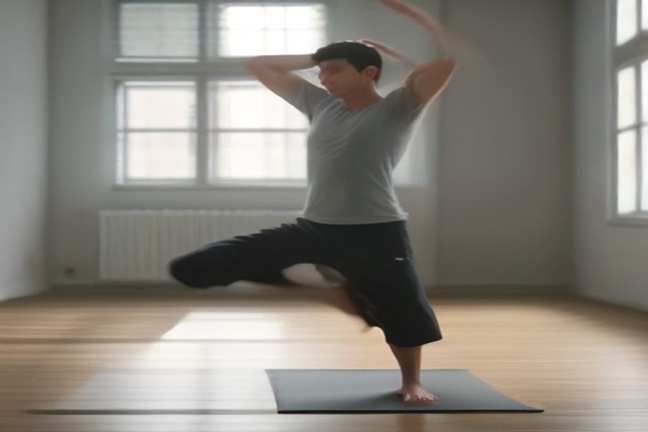 A man in a plain t-shirt practicing a standing pose on a mat in a bright, minimal studio, natural window light
