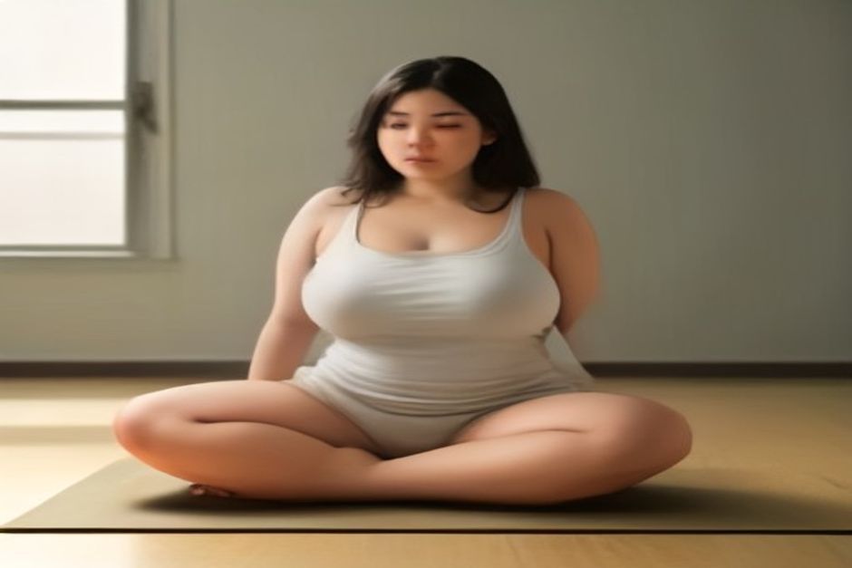 A plus-size person seated comfortably in a gentle yoga pose with a bolster, in warm natural light