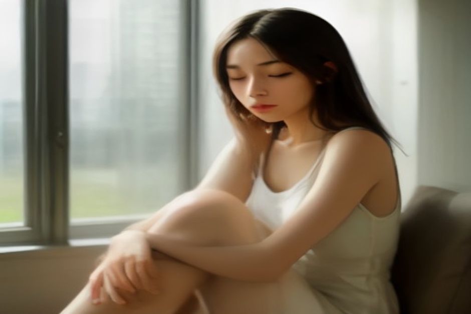 Person sitting cross-legged by a window with one hand on the chest, eyes closed, soft daylight