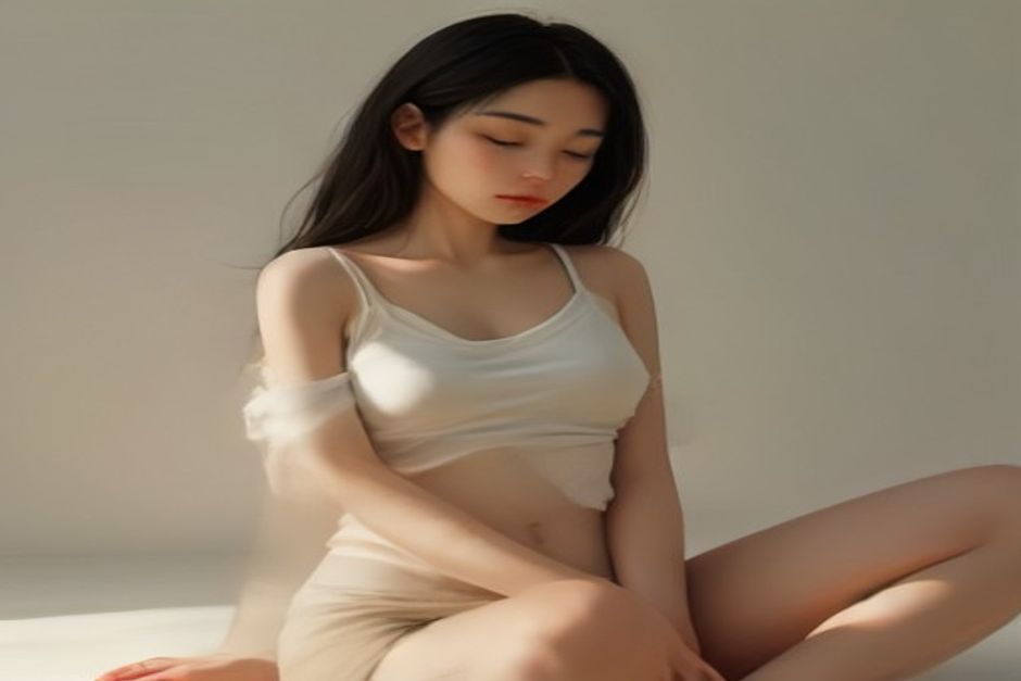 A person sitting cross-legged with one hand on the belly, eyes closed, breathing calmly in warm natural light