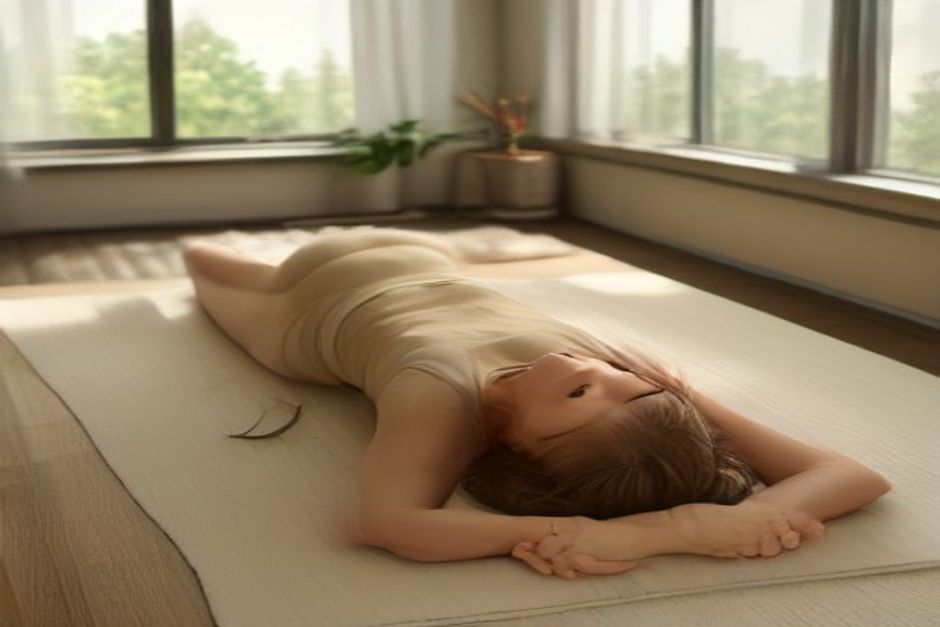 A person lying on their back on a yoga mat with one hand on the belly and one on the chest, eyes closed, soft daylight